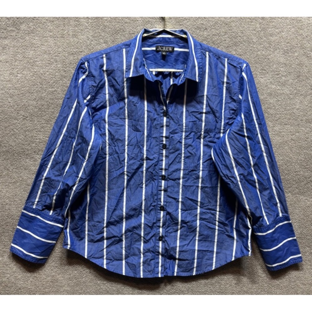 J. Crew Garcon Cotton Poplin Button Down Shirt Womens 12 Blue White Stripe EUC